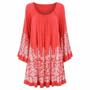 Christian Caliendo Tunic OS Coral Knit Boho Damask Embroidered Bell Sleeve Mini